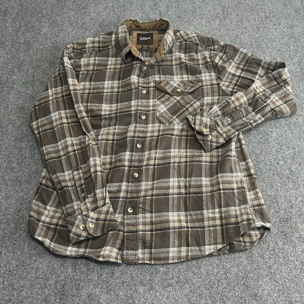CQR Flannel Shirt‎ Mens 2XL Plaid Tan Brown  Corduroy Turn Up Cuffs Soft Outdoor